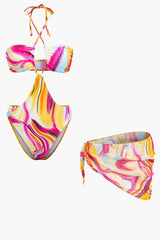 Abstract Print Halter One-piece Swimsuit And Knot Mini Sarong Skirt Set