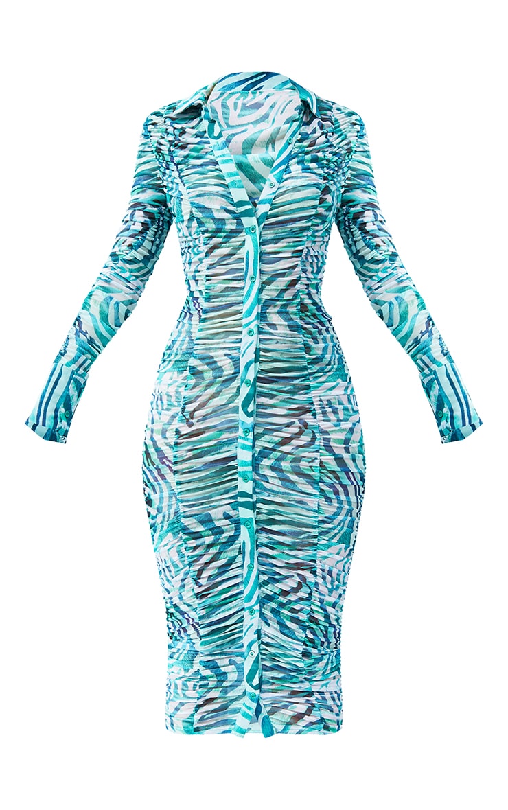 Blue Zebra Ruched Long Sleeve Midi Shirt Dress