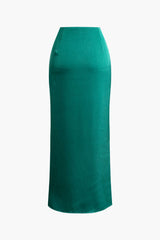 High Waisted Satin Ruched Split Maxi Skirt