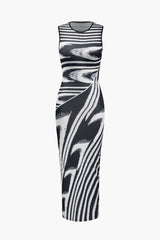 Abstract Print Sleeveless Round-Neck Midi Dress