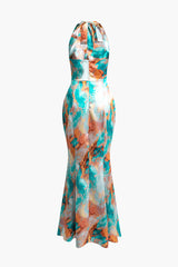 Tie Dye Cowl Neck Satin Halter Mermaid Maxi Dress