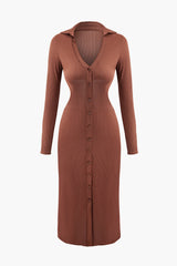 V-Neck Cut Out Button Up Long Sleeve Knit Midi Dress