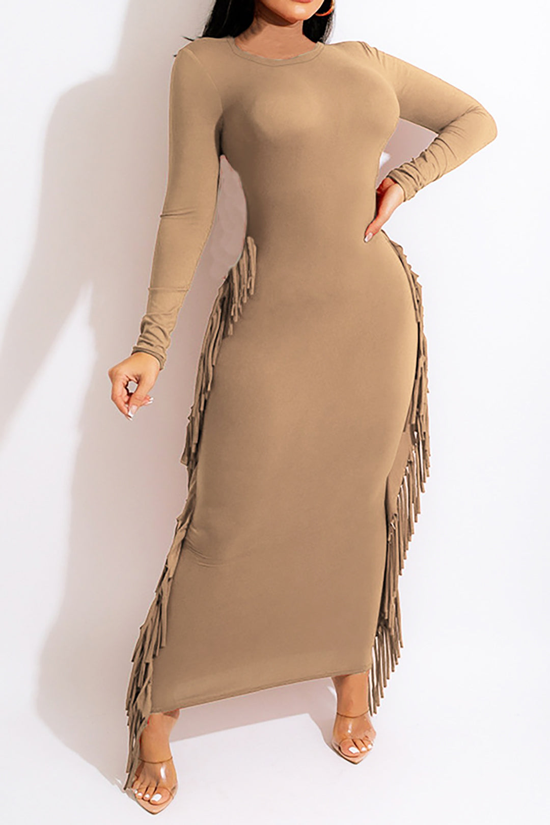 Round Neck Solid Color Fringe Trim Maxi Dress