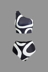 Abstract Print One Shoulder Swimsuit Set