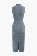 Solid Mock Neck Slit Sleeveless Sweater Dress