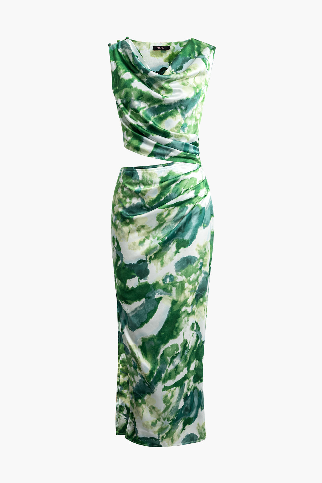 Tie Dye Cut Out Ruched Cowl Neck Slit Midi Dress