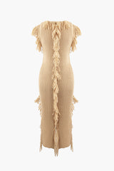 Fringe Square Neck Sleeveless Slit Knit Maxi Dress