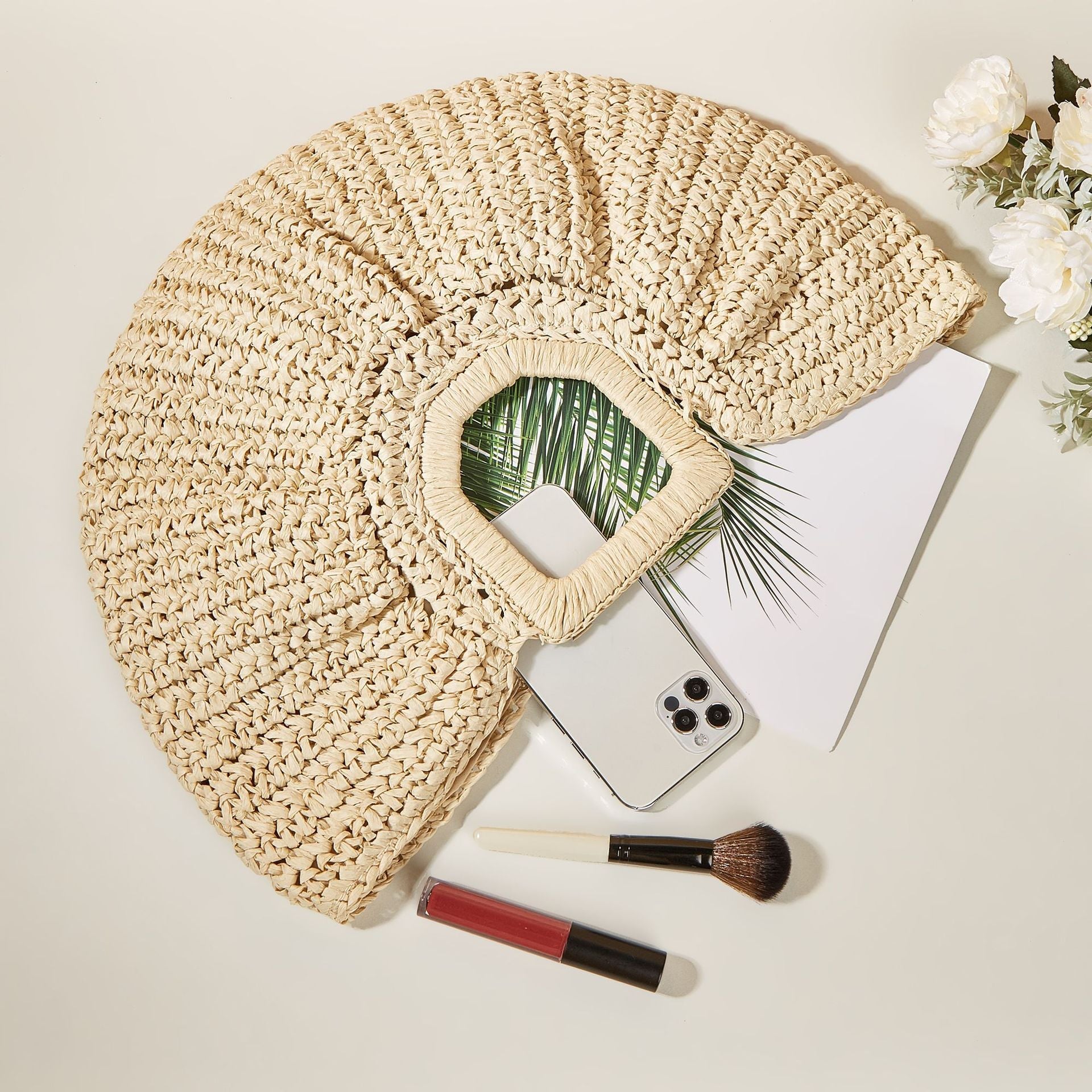Beige Braided Design Straw Bag