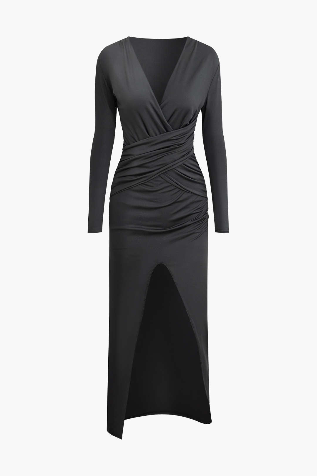 V-neck Wrap Ruched Slit Long Sleeve Maxi Dress