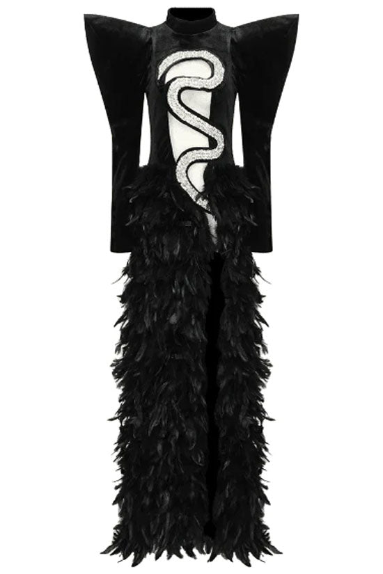 Diva Sharp Sleeve Rhinestone Cutout Faux Feather Split Evening Maxi Dress - Black