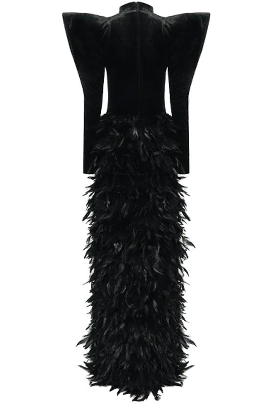 Diva Sharp Sleeve Rhinestone Cutout Faux Feather Split Evening Maxi Dress - Black