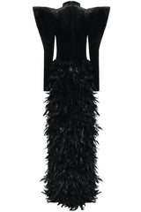 Diva Sharp Sleeve Rhinestone Cutout Faux Feather Split Evening Maxi Dress - Black