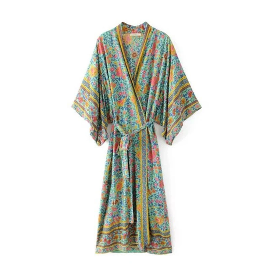 Green Floral Print Kimono Robe