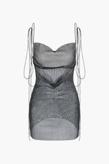 Rhinestone Mesh Strappy Backless Mini Dress