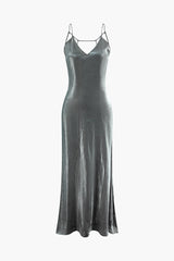 Metallic V-neck Backless Slip Maxi Dress