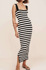 Stripe Square Neck Knit Sleeveless Maxi Dress
