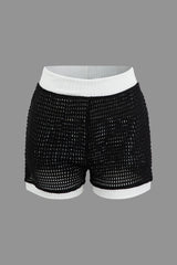 Contrast Collared Button Up Open Knit Shirt And Shorts Set