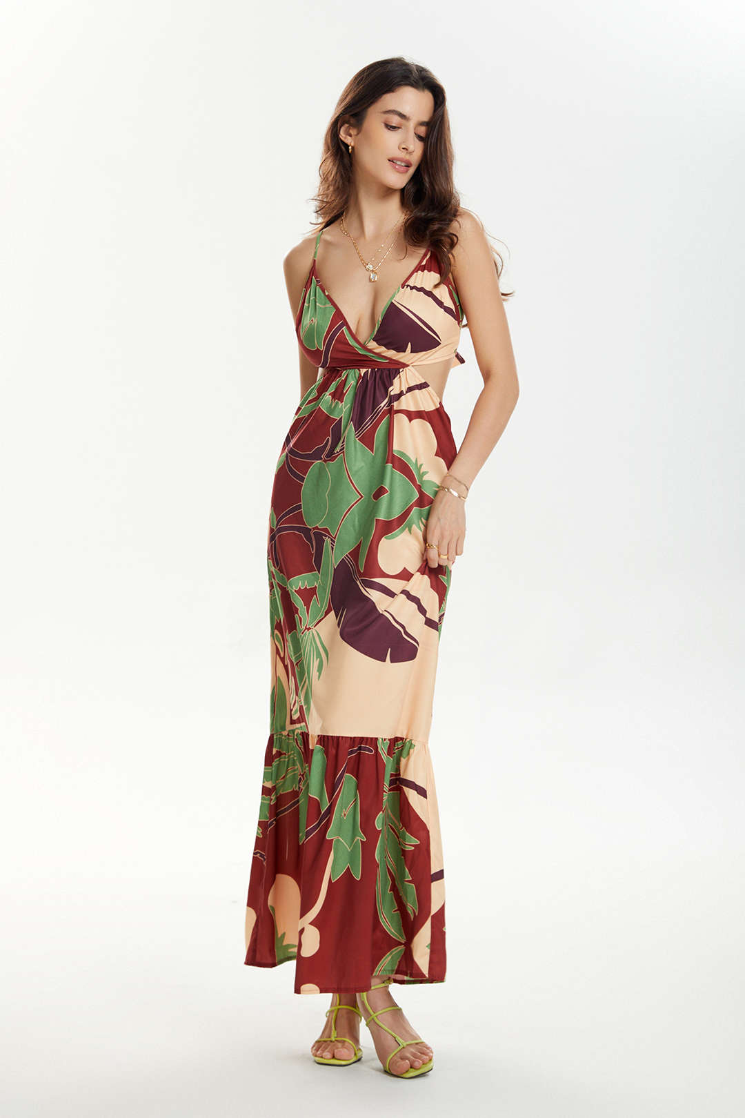 Floral Print Tie Back Ruffle Maxi Dress