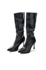 Faux Leather Ruched Stiletto Pointed Toe Knee-high Boots