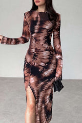 Abstract Print Mesh Long Sleeve Slit Dress With Lining