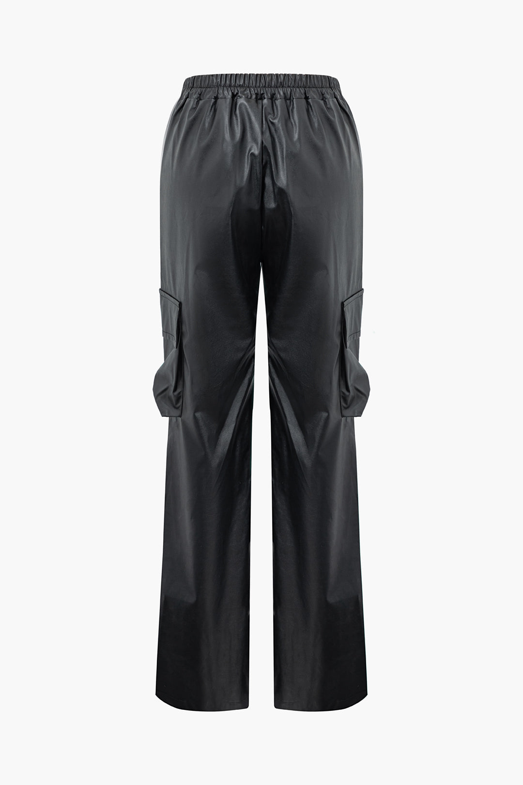 V-Waist Faux Leather Flap Pocket Straight Leg Pants