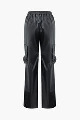 V-Waist Faux Leather Flap Pocket Straight Leg Pants