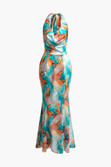 Tie Dye Cowl Neck Satin Halter Mermaid Maxi Dress