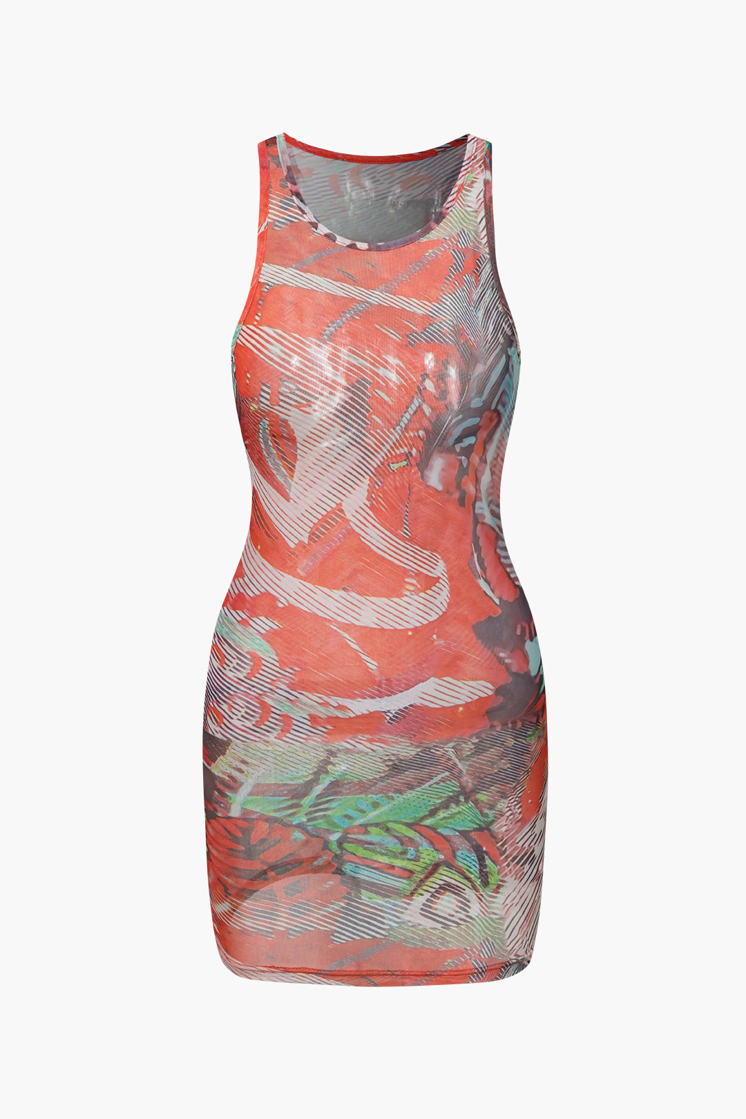 Abstract Print Mesh Tank Mini Dress