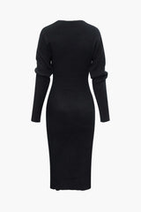 Solid V-neck Rib Knit Long Sleeve Midi Dress