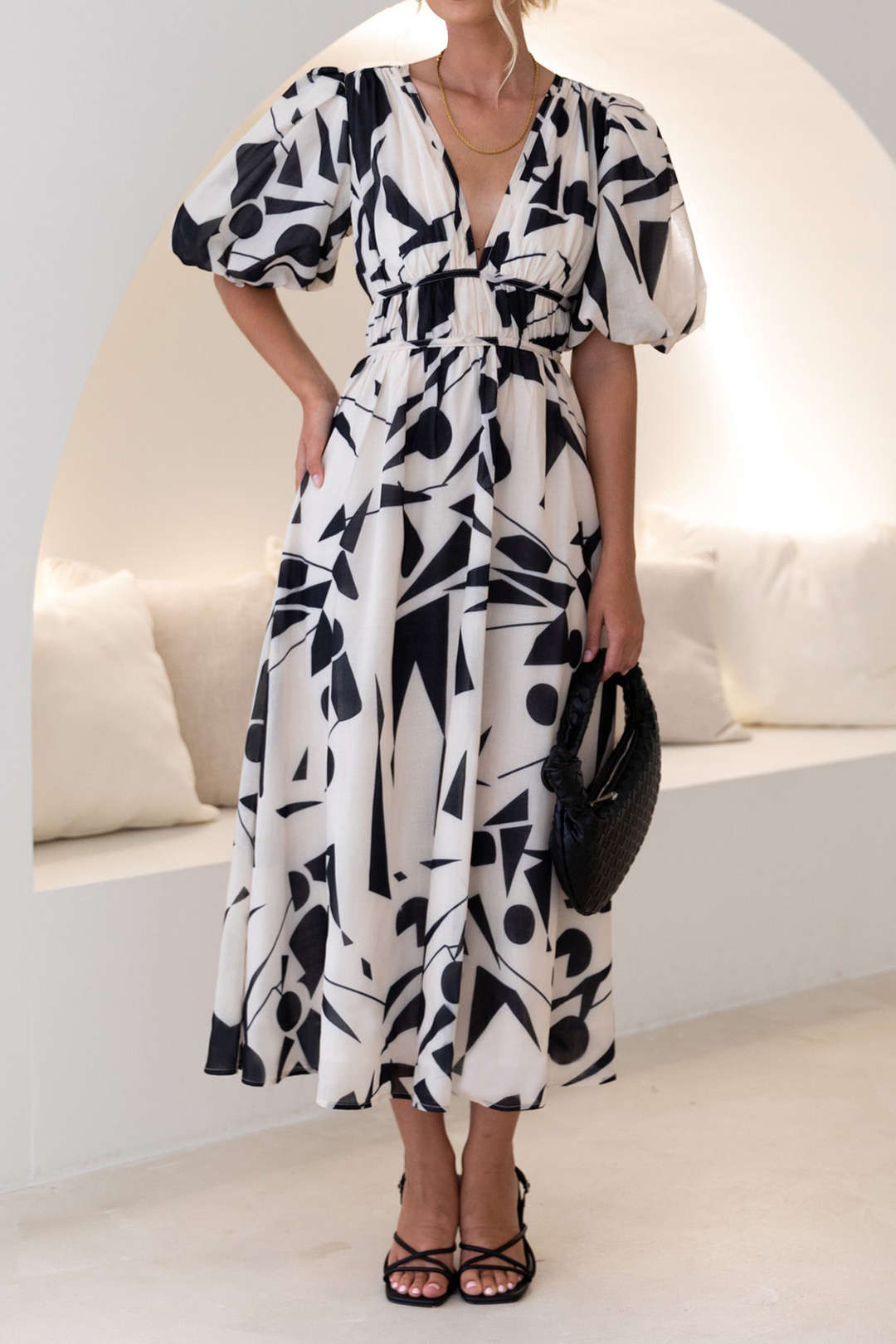 Abstract Print V-neck Midi Dress