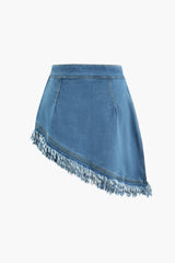 Asymmetrical Braiding Fringe Hem Denim Skirt