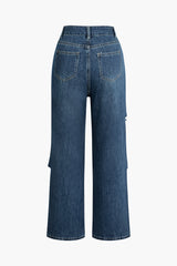 Asymmetric Waist Ripped Straight Leg Jeans