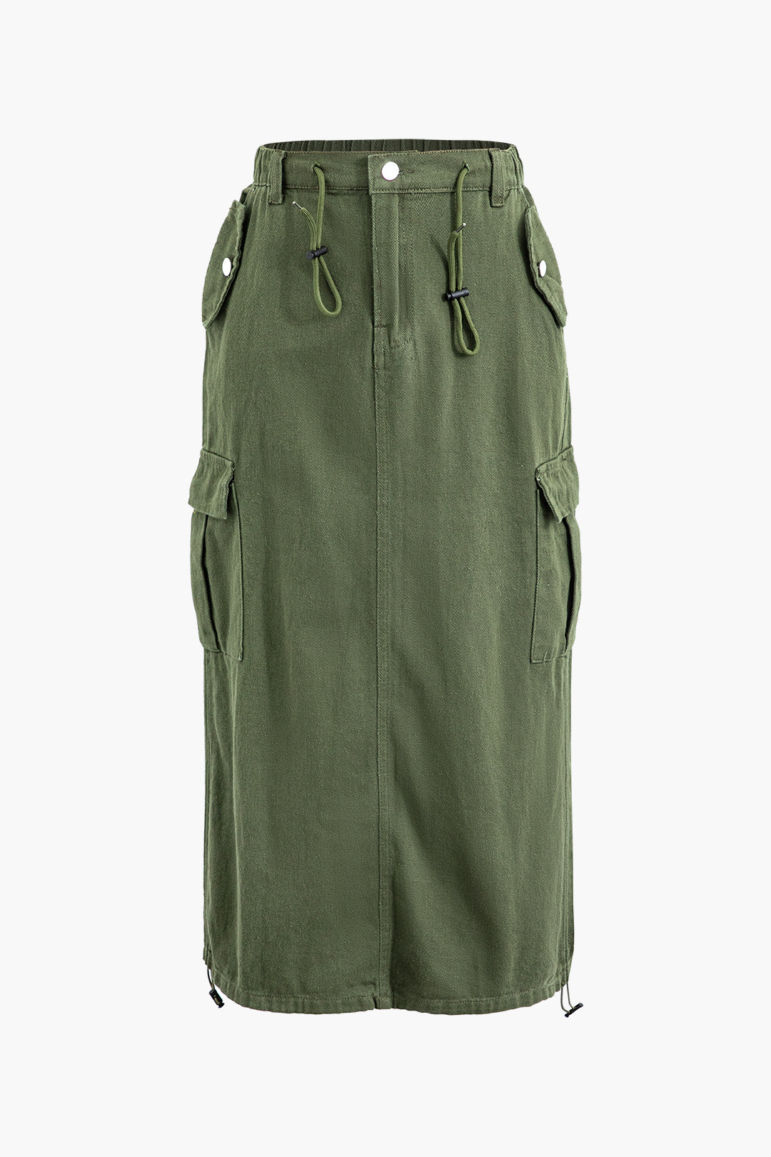 Lefzaorze Women's Cargo Midi Skirt - High Waist, Drawstring, Split Back & Flap Pockets