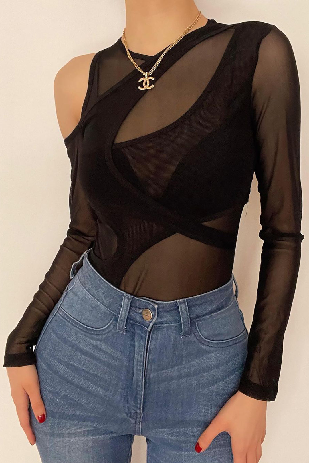 Asymmetric Cut Out Mesh Long Sleeve Bodysuit