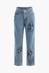 Face Embroidery Straight Leg Jeans