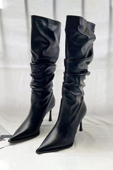 Faux Leather Ruched Stiletto Pointed Toe Knee-high Boots