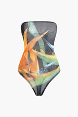 Printed Mesh Strapless Bodysuit And Ruched Split Skirt Set
