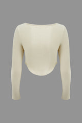 Square Neck Twist Front Crop Rib Knit Long Sleeve Top
