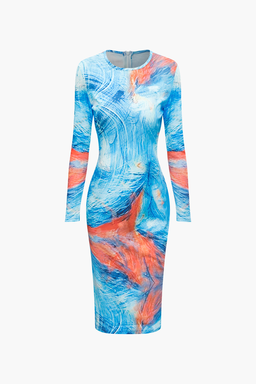 Abstract Print Round Neck Long Sleeve Midi Dress