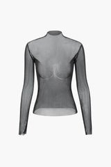 Mock Neck Sheer Mesh Long Sleeve Top