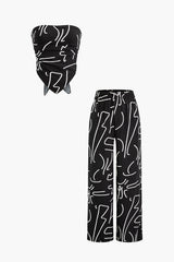 Abstract Print Knot Back Tube Top And Ruched Straight Leg Pants