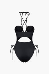 Solid Halter Tie Cut Out One-piece Swimsuit