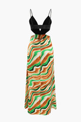 Printed Satin V-neck Cut Out Maxi Dress