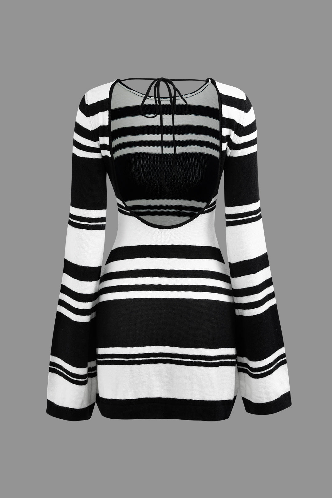 Contrast Stripe Backless Bell Sleeve Knit Mini Dress