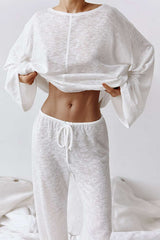 Solid Crew Neck Long Sleeve Top And Drawstring Straight Leg Pants Set