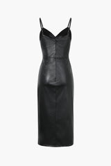 Faux Leather V-Neck Ruched Slit Midi Dress