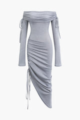 Off Shoulder Tie Ruched Asymmetrical Hem Slit Long Sleeve Knit Midi Dress