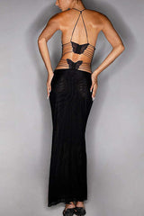 V-neck Cross Back Butterfly Embroidery Maxi Dress