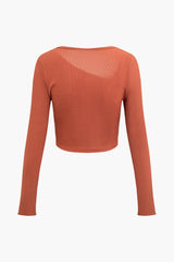 Asymmetrical Neckline Ribbed Long Sleeve Top