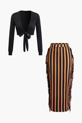Knotted V-neck Long Sleeve Top And Stripe Tassel Maxi Skirt Set